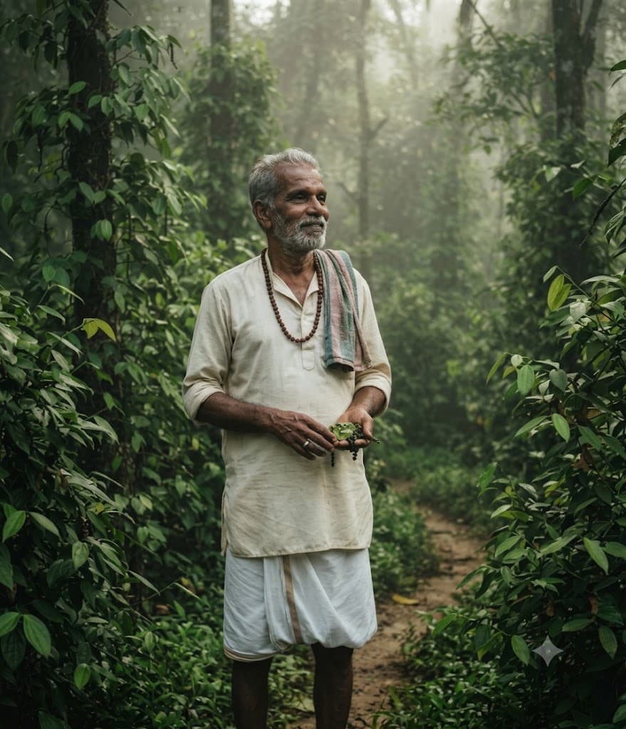 A cardamom farmer standing between pepper vines in the misty Western Ghats